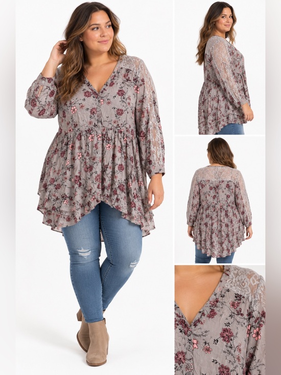 torrid Tops - Torrid Blouse Womens 3X Gray Floral Lace Long Sleeve Button Front Boho Tunic